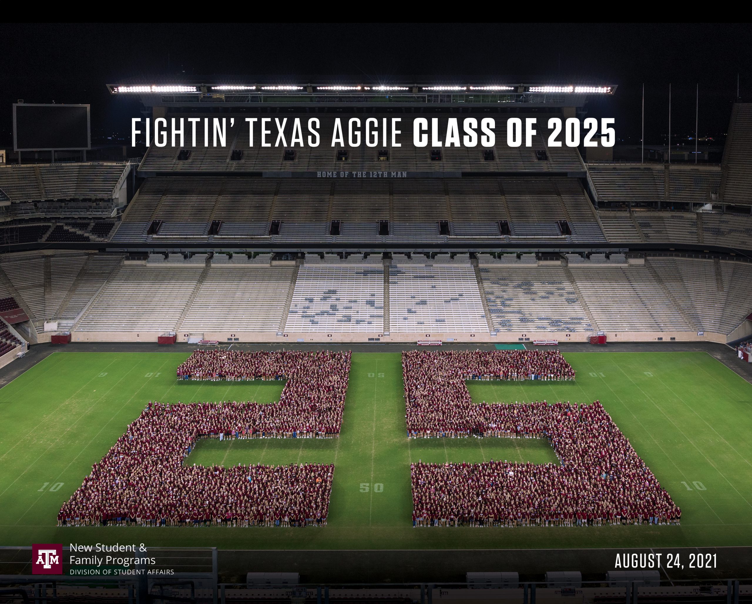 The Class of 2025 in the shape of a 25 on Kyle Field